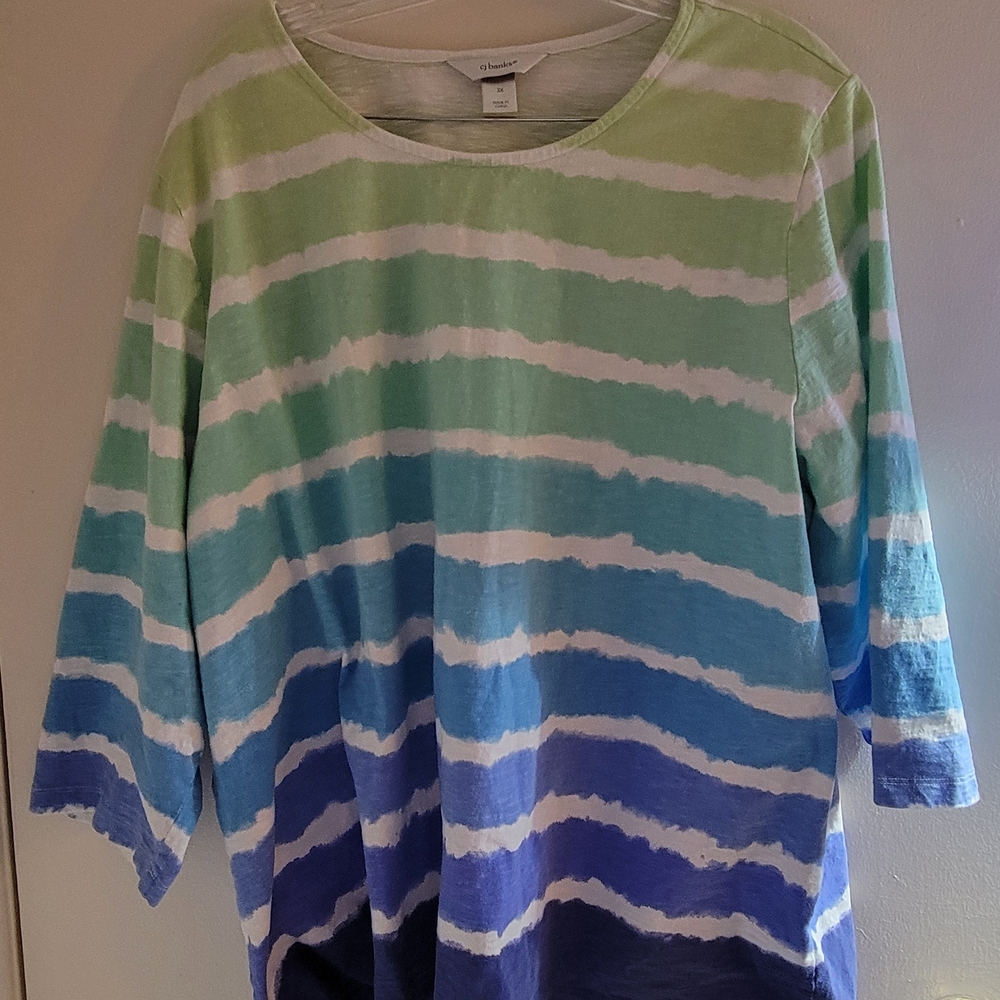 CJ Banks Green and Blue Striped Top - Picture 2 of 4